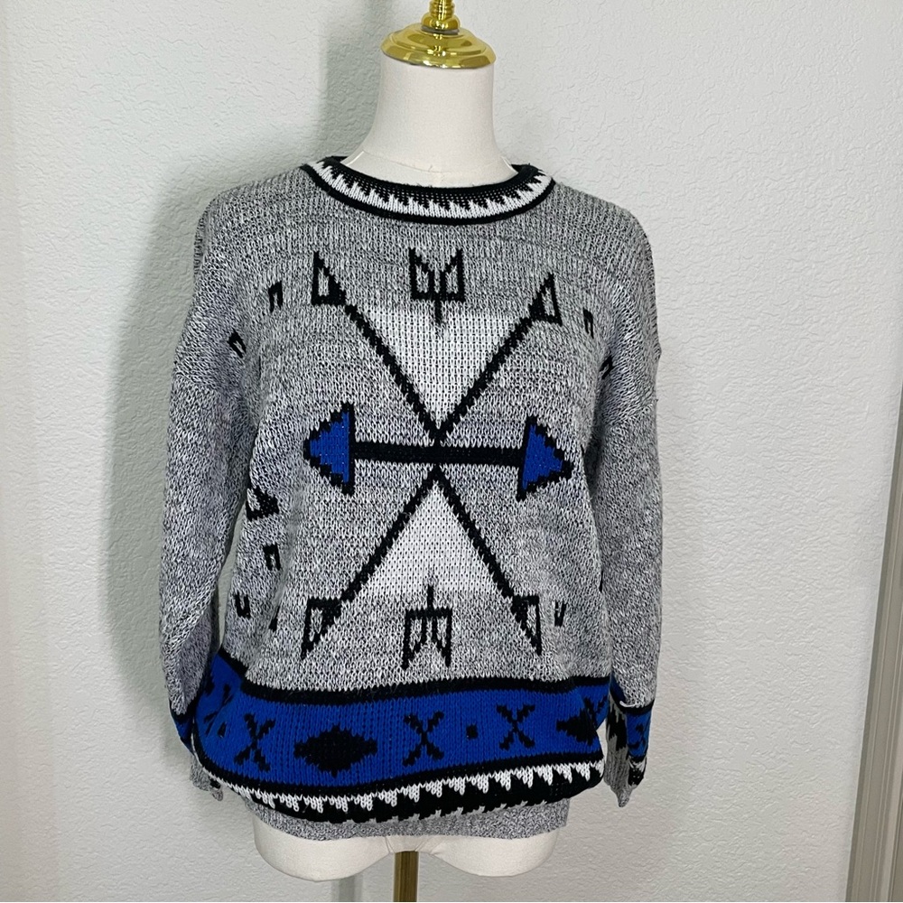 Vintage Adele Knitwear Arrow Tribal Sweater Gray Blue Black Made in USA